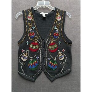 Vintage Claudia D Christmas Sweater Vest 1996 Ugly Jeweled Beaded Ornaments M
